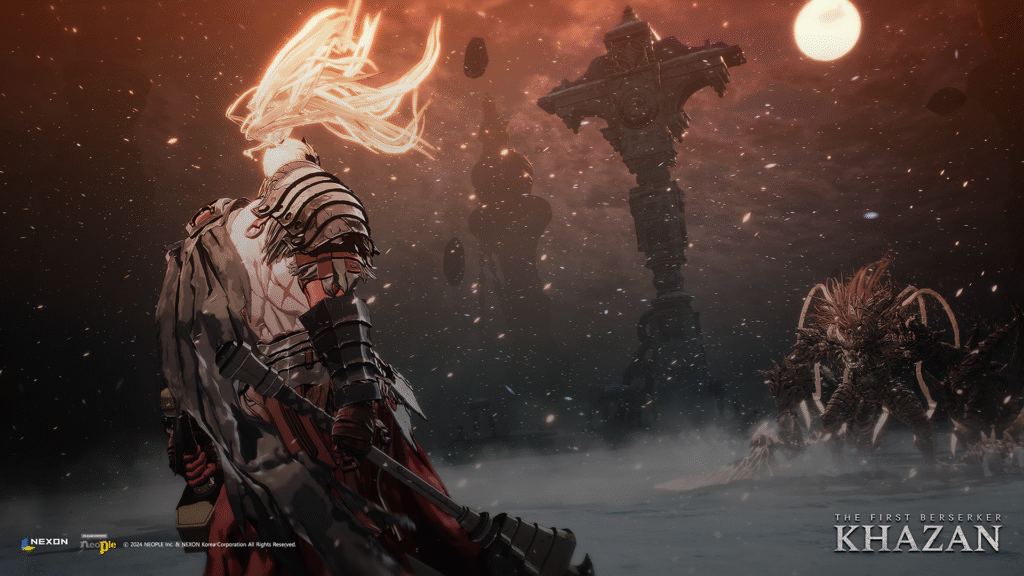 Epic battle scene from The First Berserker: Khazan showing the protagonist with flowing white hair and armor facing off against a monstrous boss under a blood-red moon