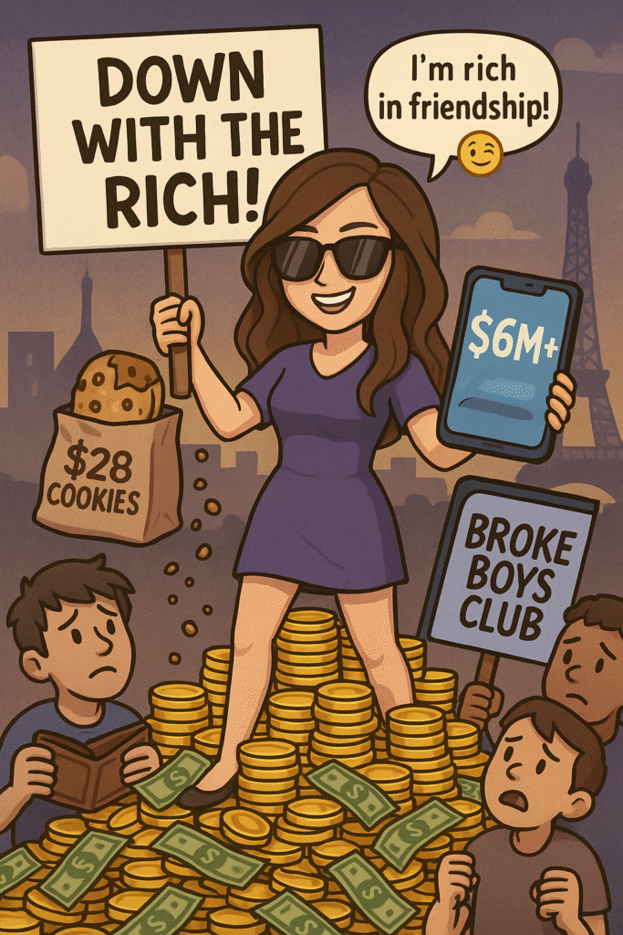 Cartoon illustration referencing the Pokimane hate the rich drama, showing a woman standing on piles of money holding a "Down With the Rich!" sign, a phone displaying "$6M+," and a bag labeled "$28 cookies," surrounded by unhappy people with signs like "Broke Boys Club."