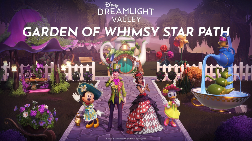 Promotional artwork for Disney Dreamlight Valley’s Garden of Whimsy Star Path, showing characters in Wonderland-inspired outfits surrounded by giant flowers, a teapot fountain, and vibrant garden decorations.