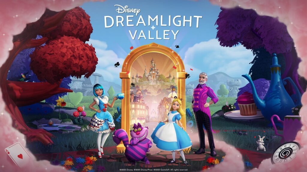 Colorful promotional artwork for Disney Dreamlight Valley’s Wonderland Whimsy update, featuring Alice, the Cheshire Cat, and characters in Wonderland-themed costumes standing before a golden portal, surrounded by whimsical trees, a giant teapot, a cupcake, and playful cards and clocks.