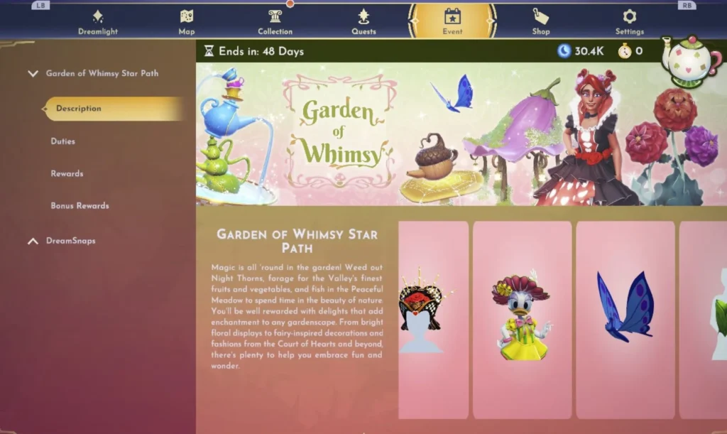 Colorful in-game menu for Disney Dreamlight Valley’s Garden of Whimsy Star Path, featuring whimsical teapots, butterflies, and floral-themed costumes and rewards.