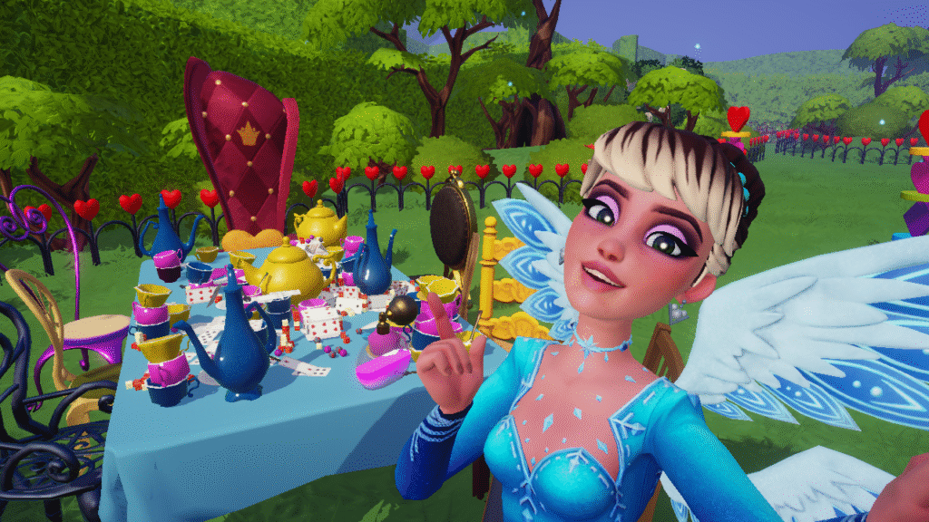 A screenshot from the authors own Disney Dreamlight Valley character from authentic gameplay showing a sneak peak from one of the mazes in the Wonderland Whimsy realm